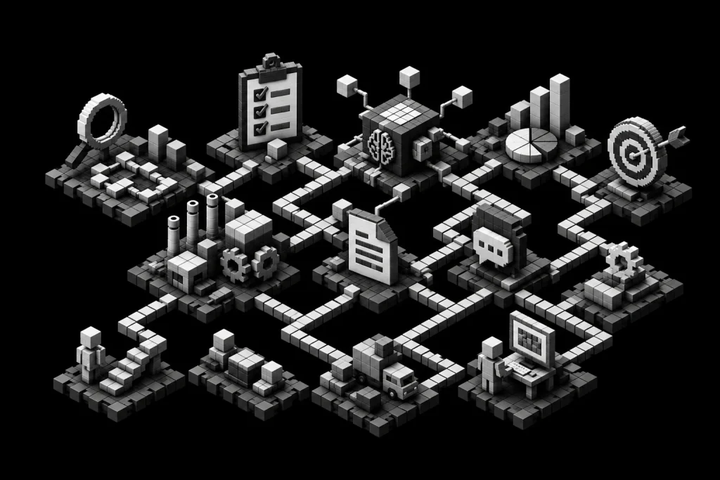 Illustrazione isometrica in bianco e nero che rappresenta un ecosistema digitale basato sull'intelligenza artificiale, con processi aziendali, analisi dei dati, automazione, produzione e logistica interconnessi da una rete centrale.
